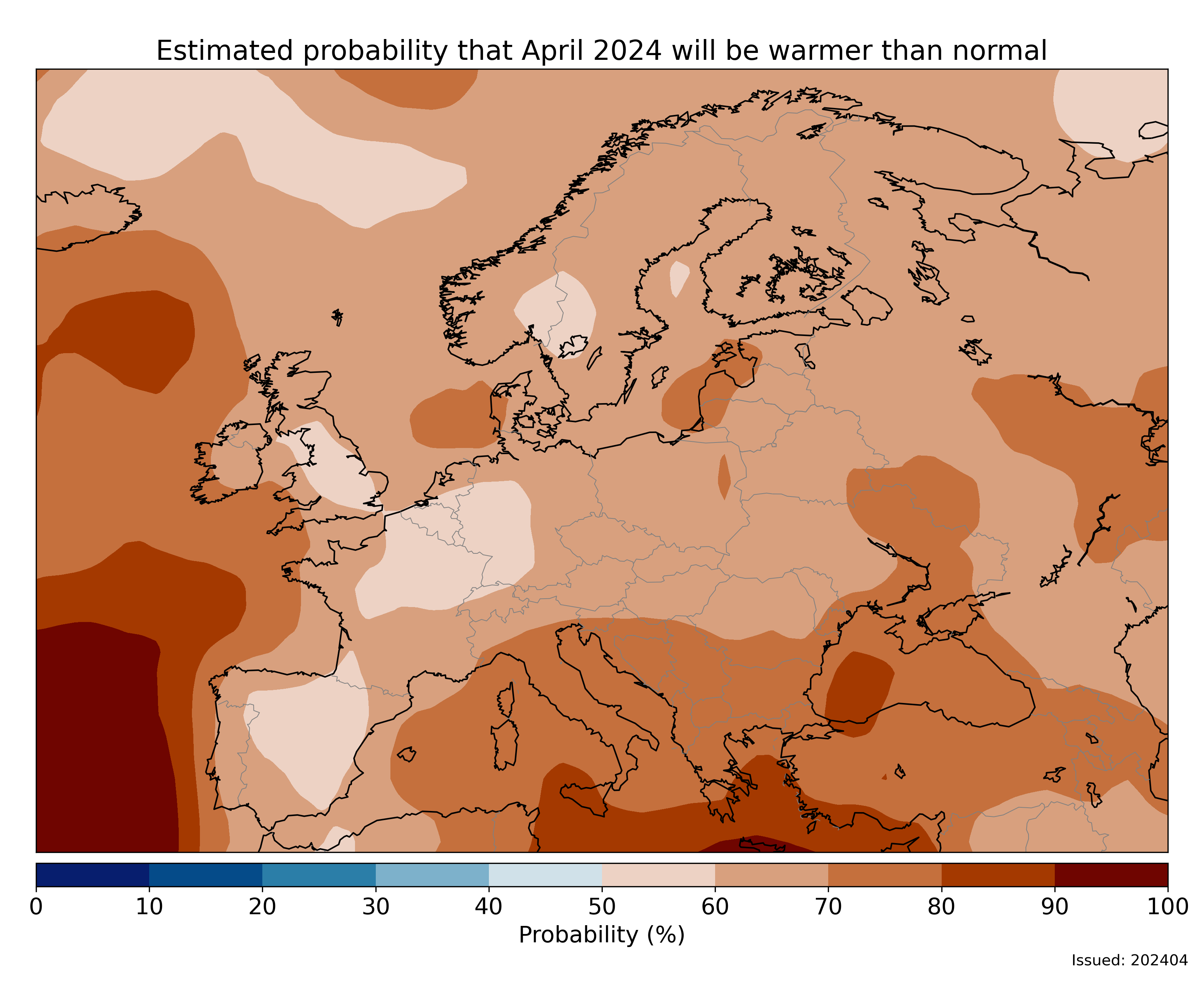 Estimated probability that April 2024 will be warmer that normal, relative to the 1993–2020
