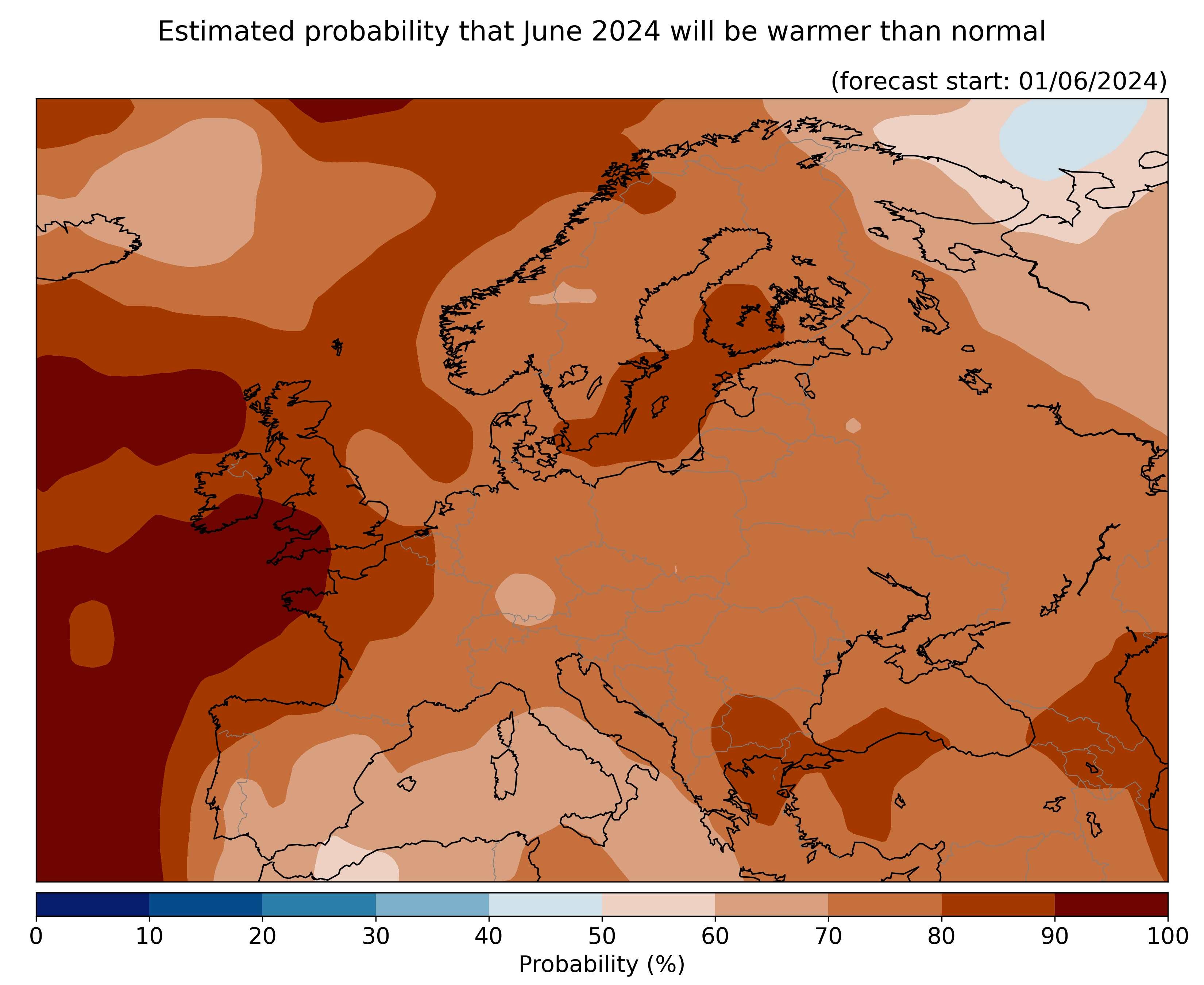 Estimated probability that June 2024 will be warmer that normal, relative to the 1993–2016