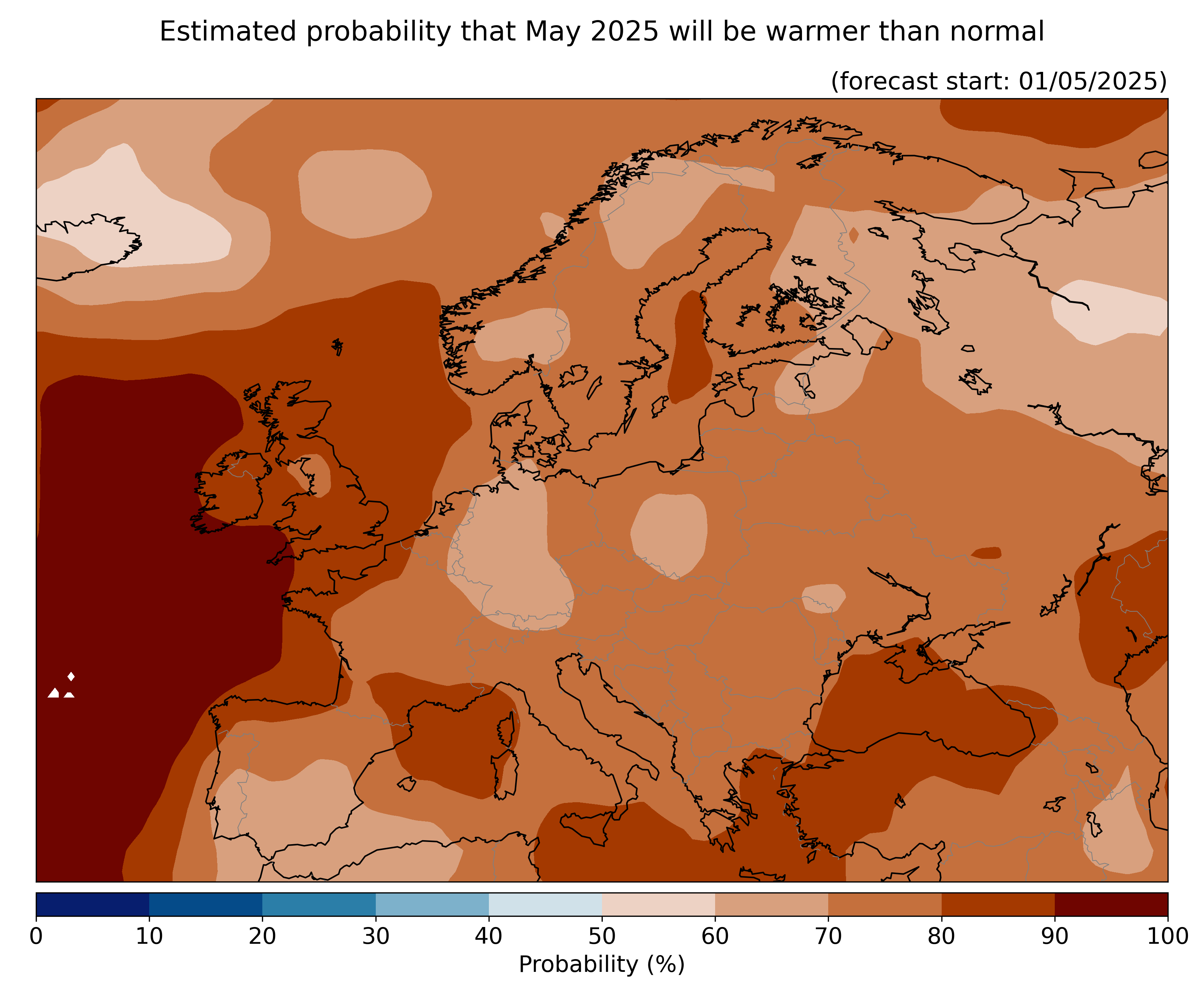 Estimated probability that the month will be warmer than normal, relative to the 1993–2016