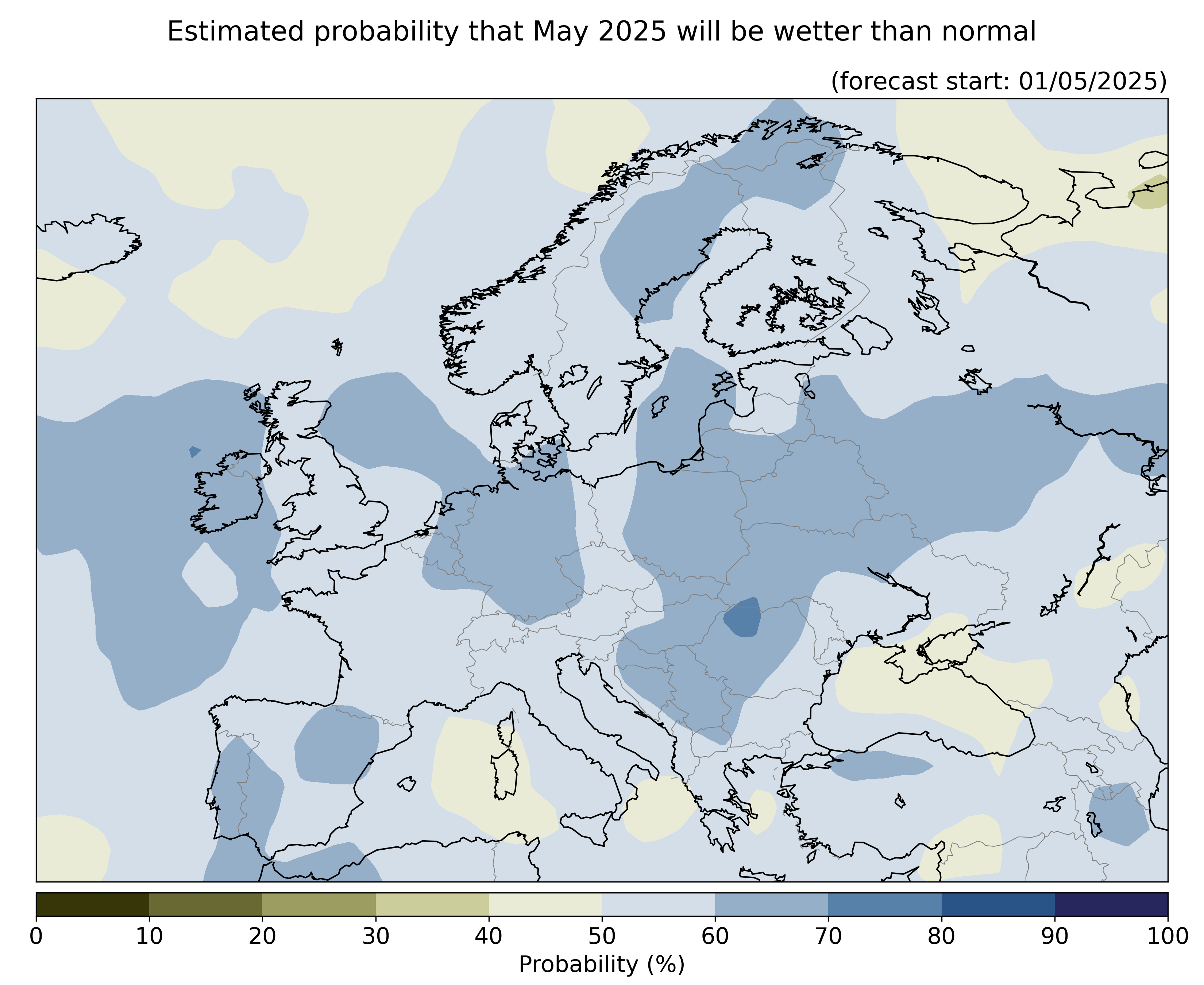 Estimated probability that the month will be wetter than normal, relative to the 1993–2016