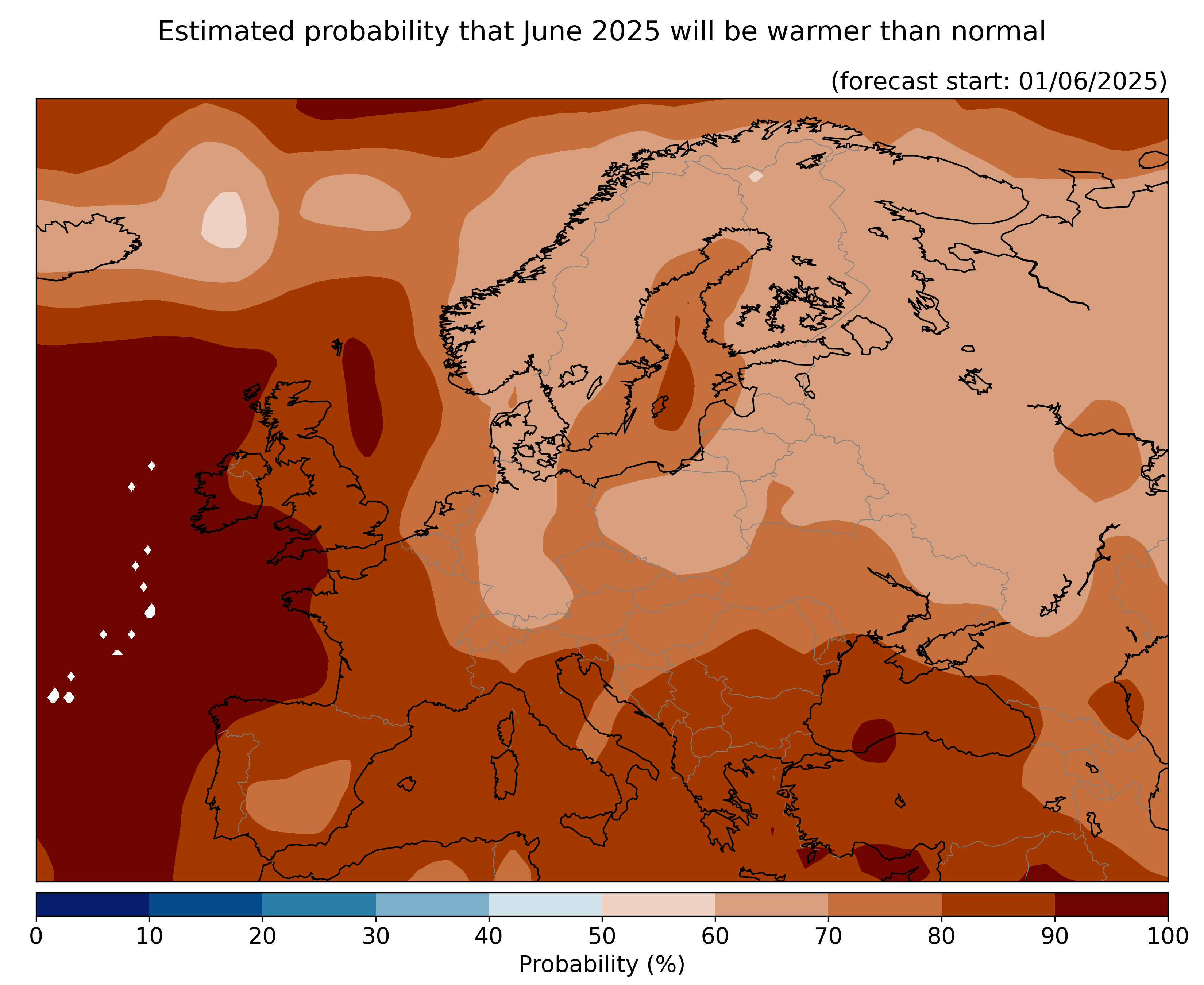 Estimated probability that the month will be warmer than normal, relative to the 1993–2016