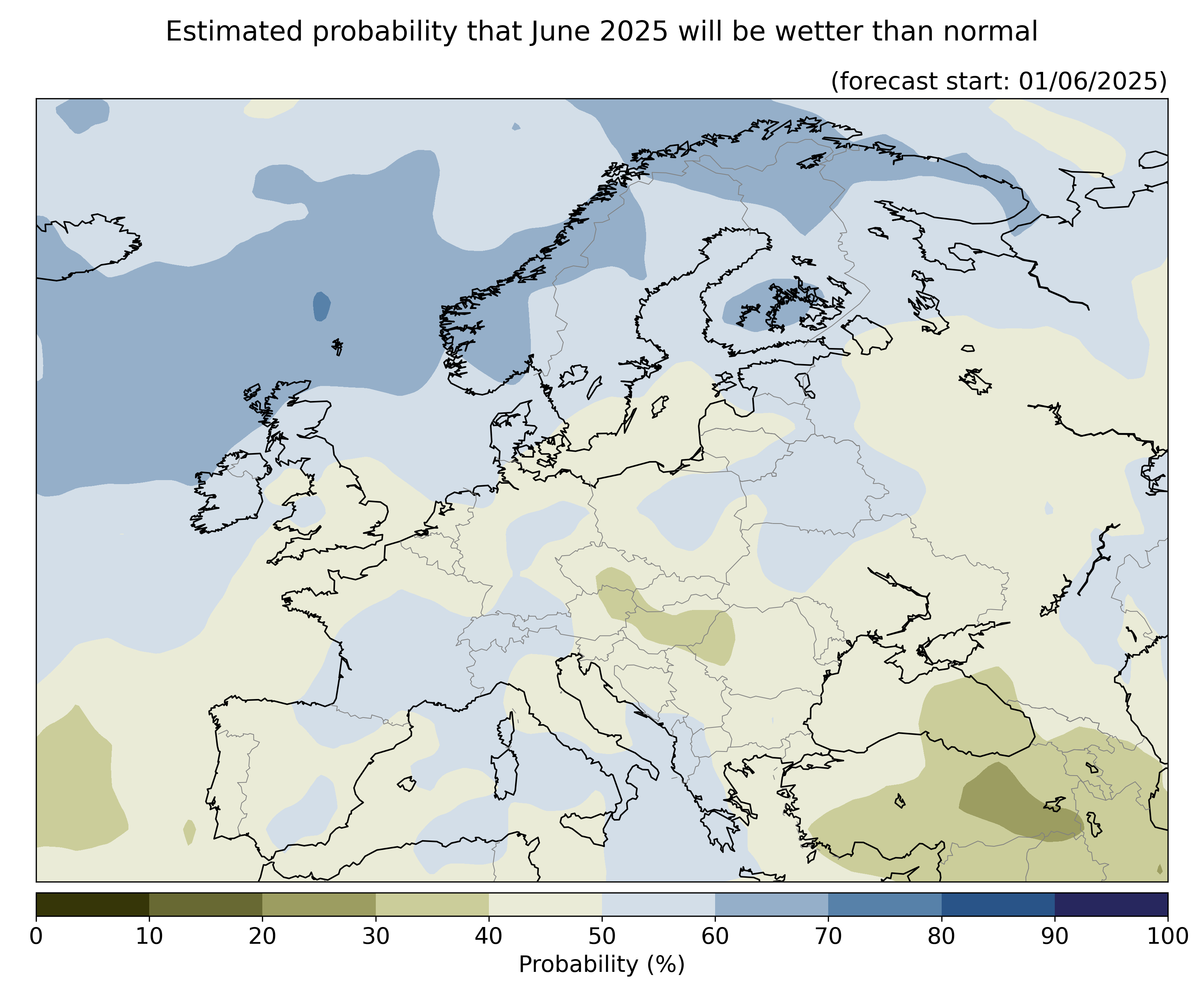 Estimated probability that the month will be wetter than normal, relative to the 1993–2016