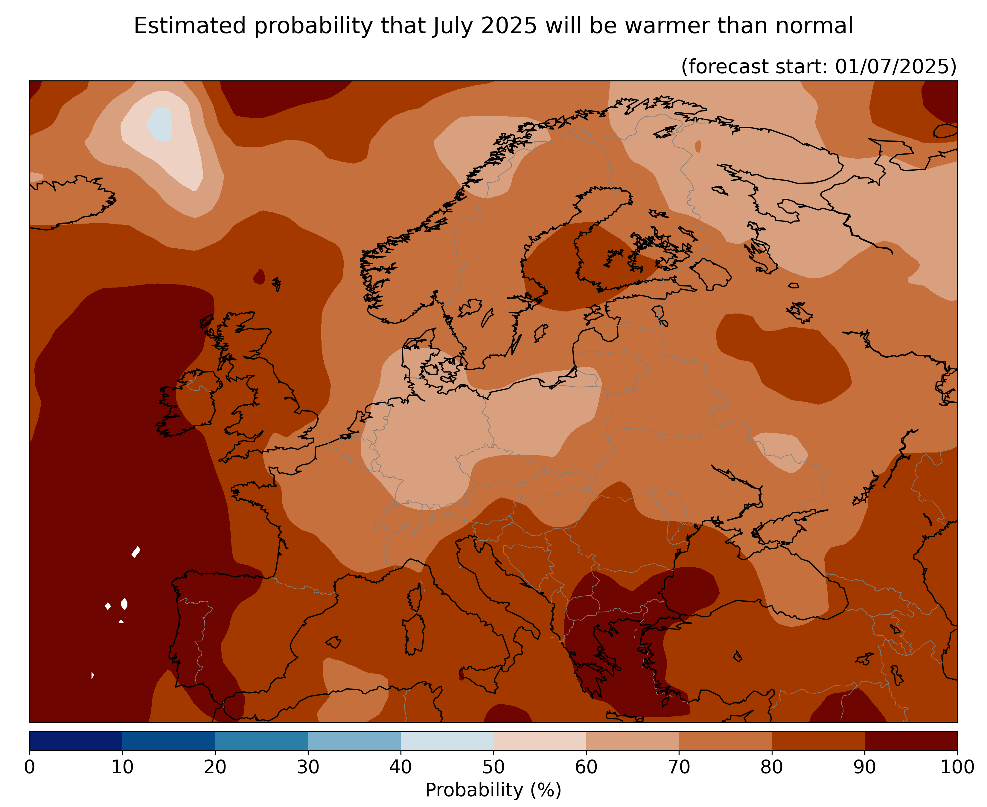 Estimated probability that the month will be warmer than normal, relative to the 1993–2016