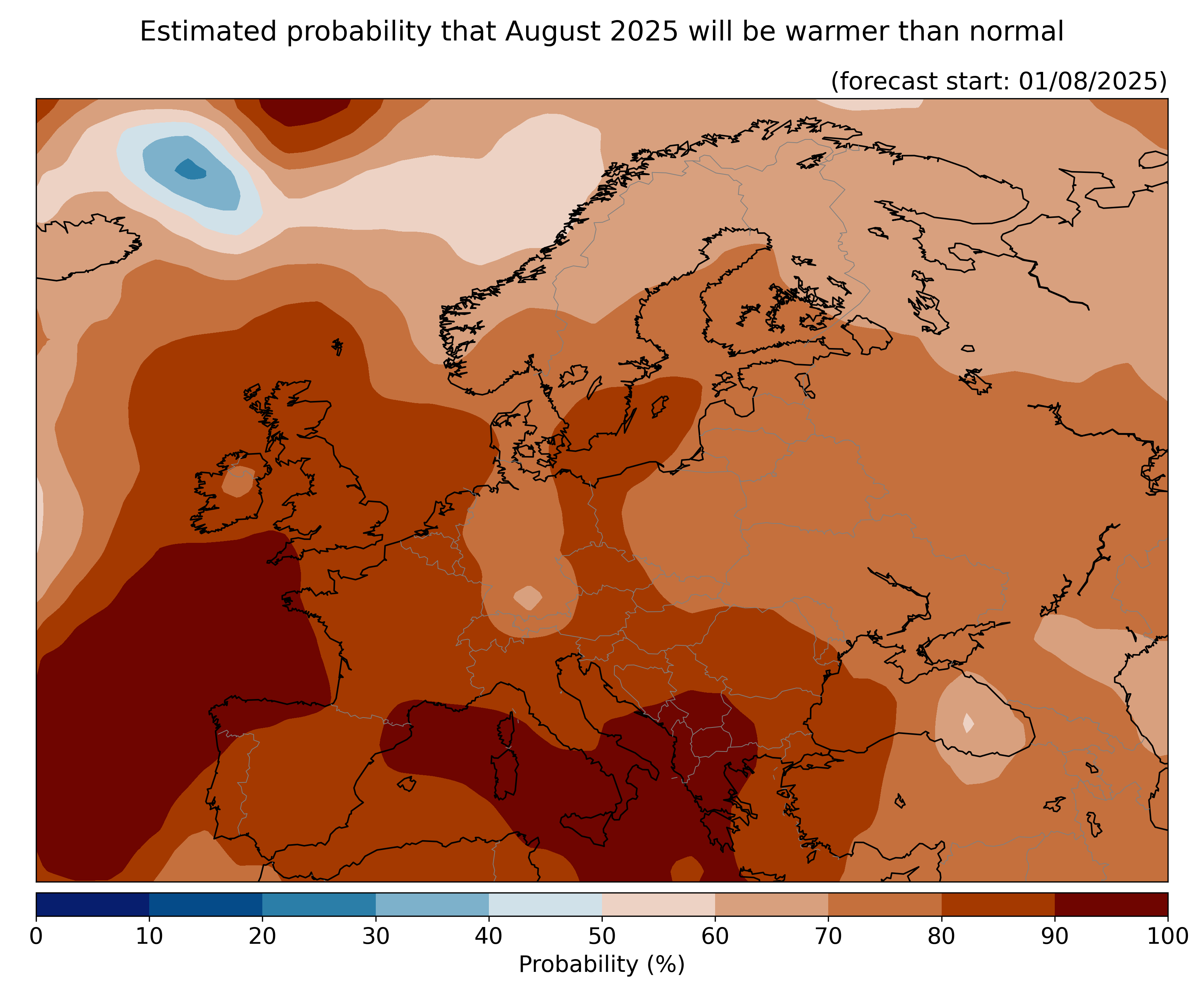 Estimated probability that the month will be warmer than normal, relative to the 1993–2016