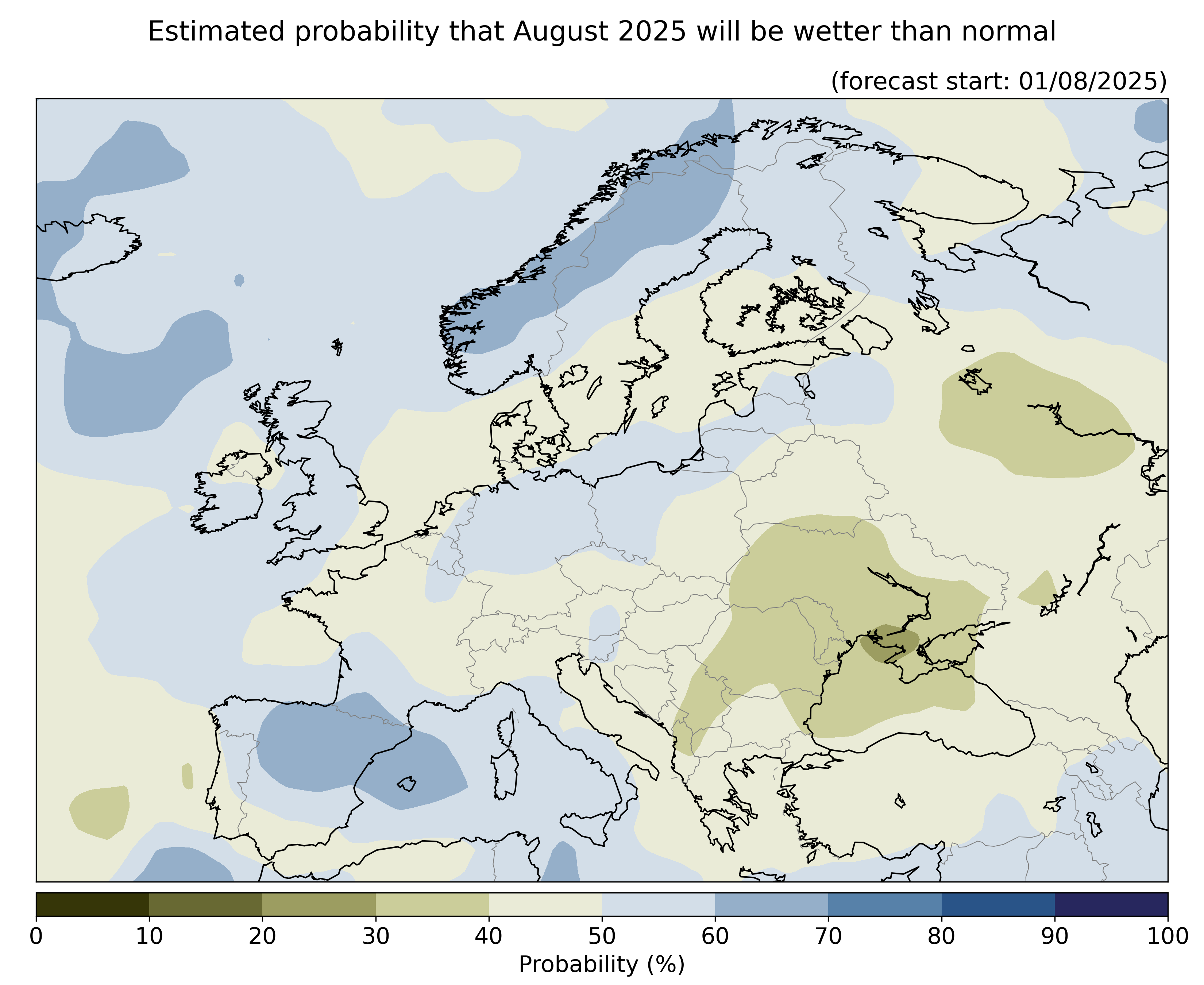 Estimated probability that the month will be wetter than normal, relative to the 1993–2016