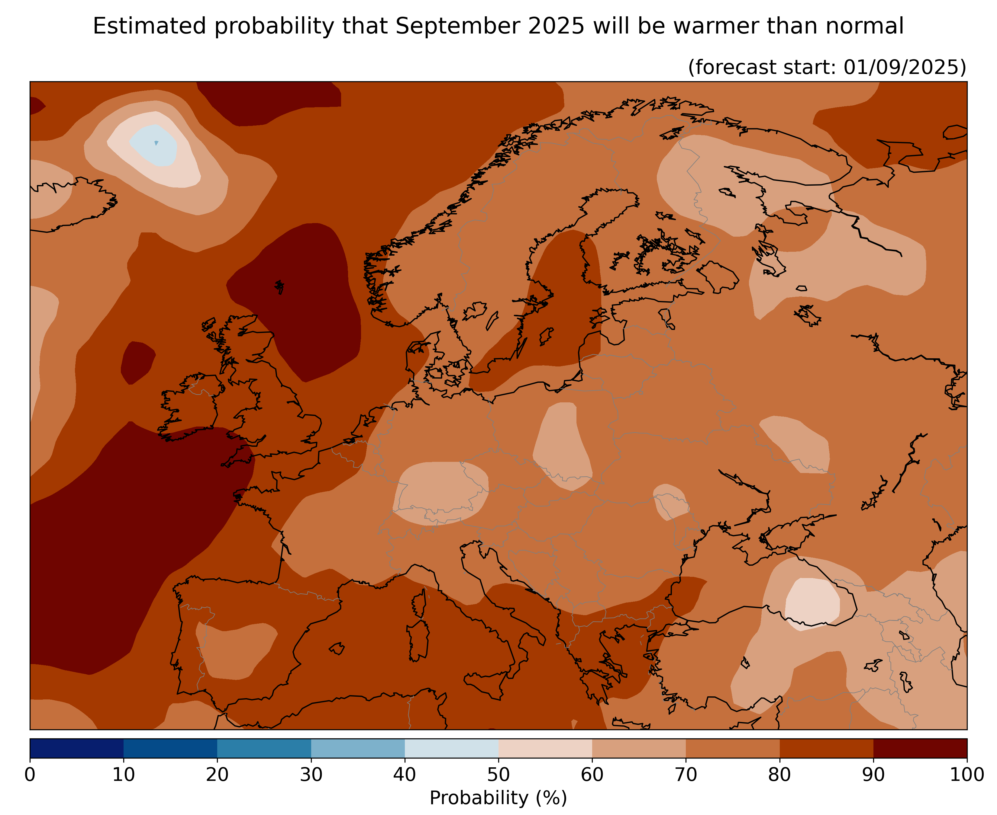 Estimated probability that the month will be warmer than normal, relative to the 1993–2016