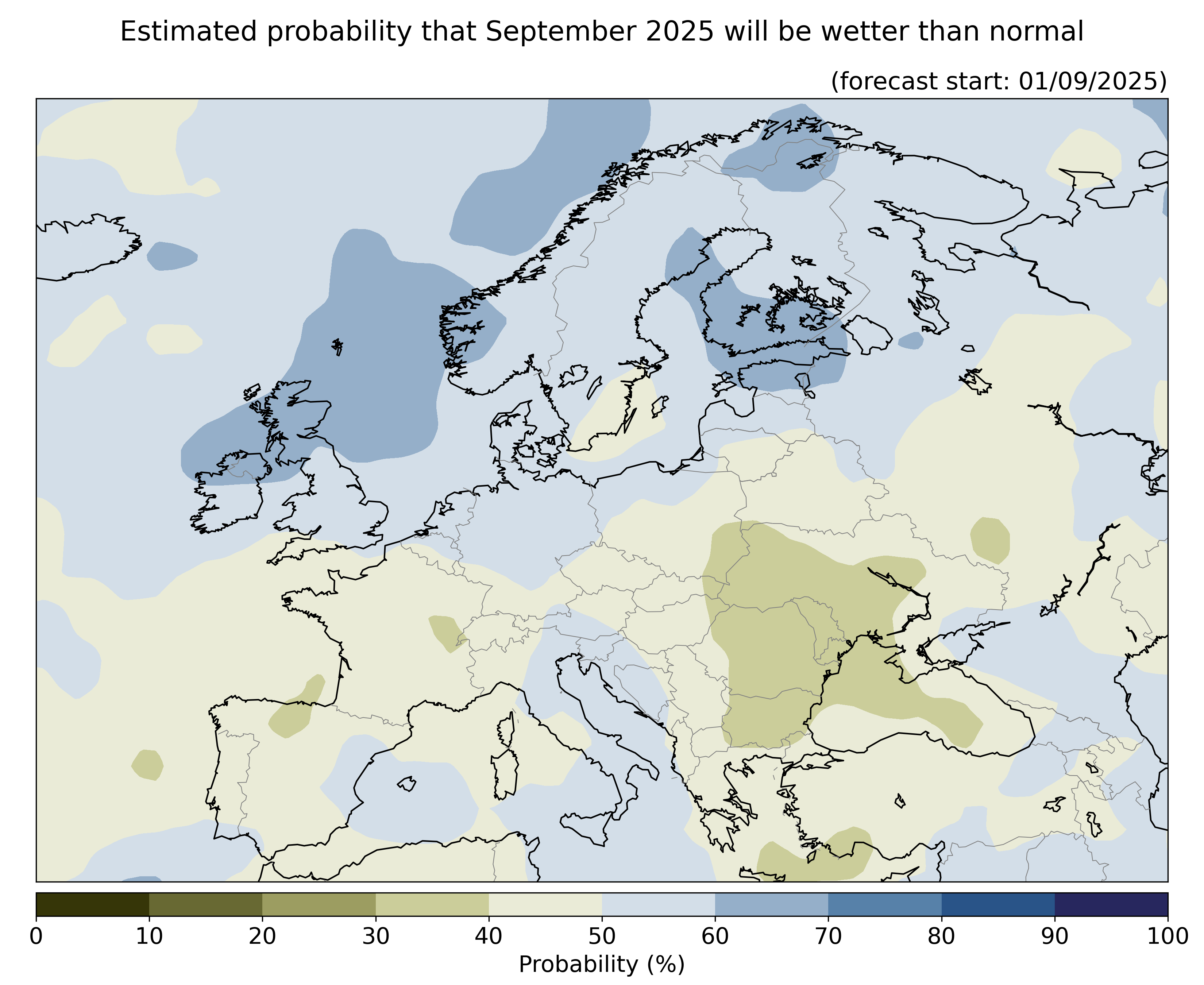 Estimated probability that the month will be wetter than normal, relative to the 1993–2016