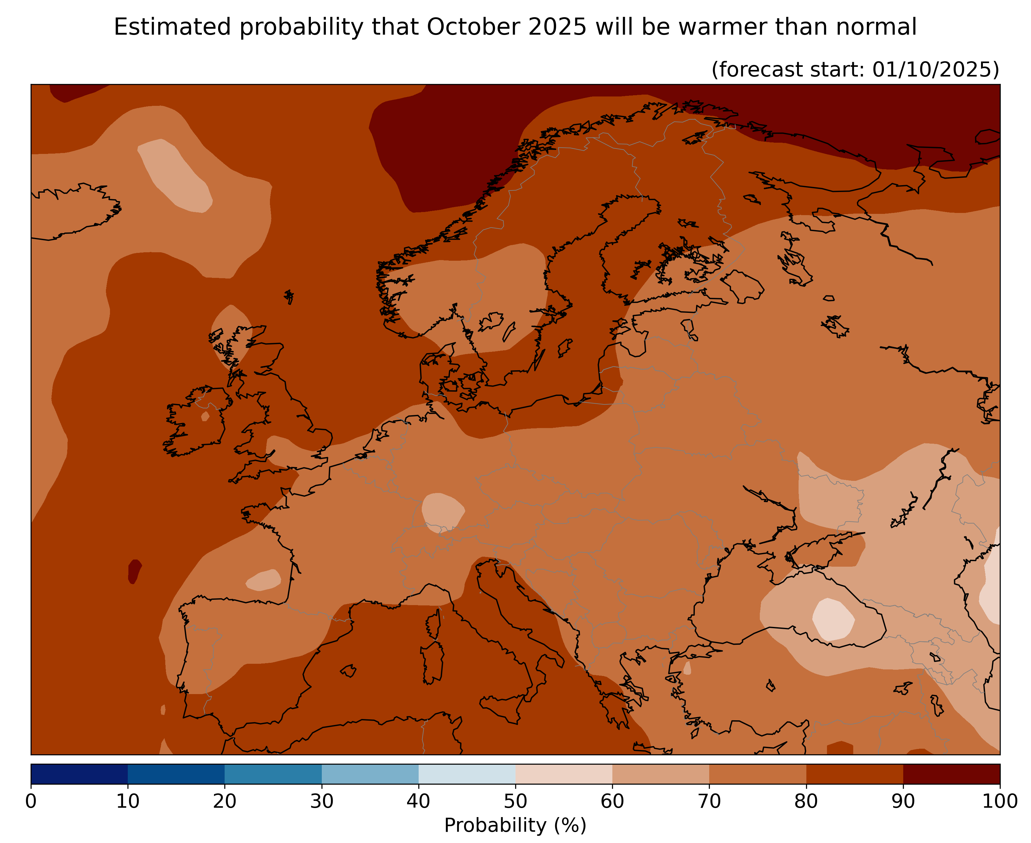 Estimated probability that the month will be warmer than normal, relative to the 1993–2016