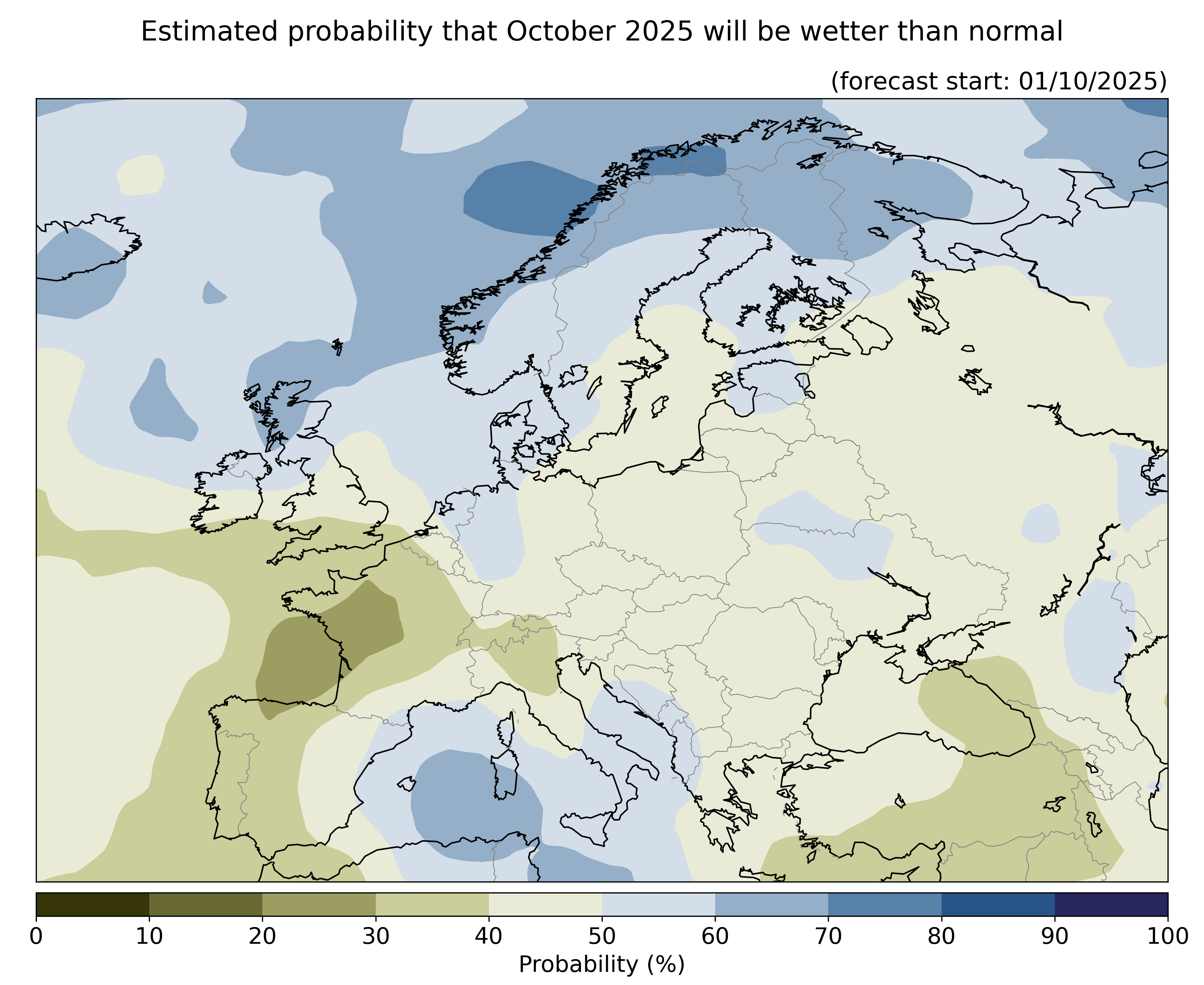 Estimated probability that the month will be wetter than normal, relative to the 1993–2016