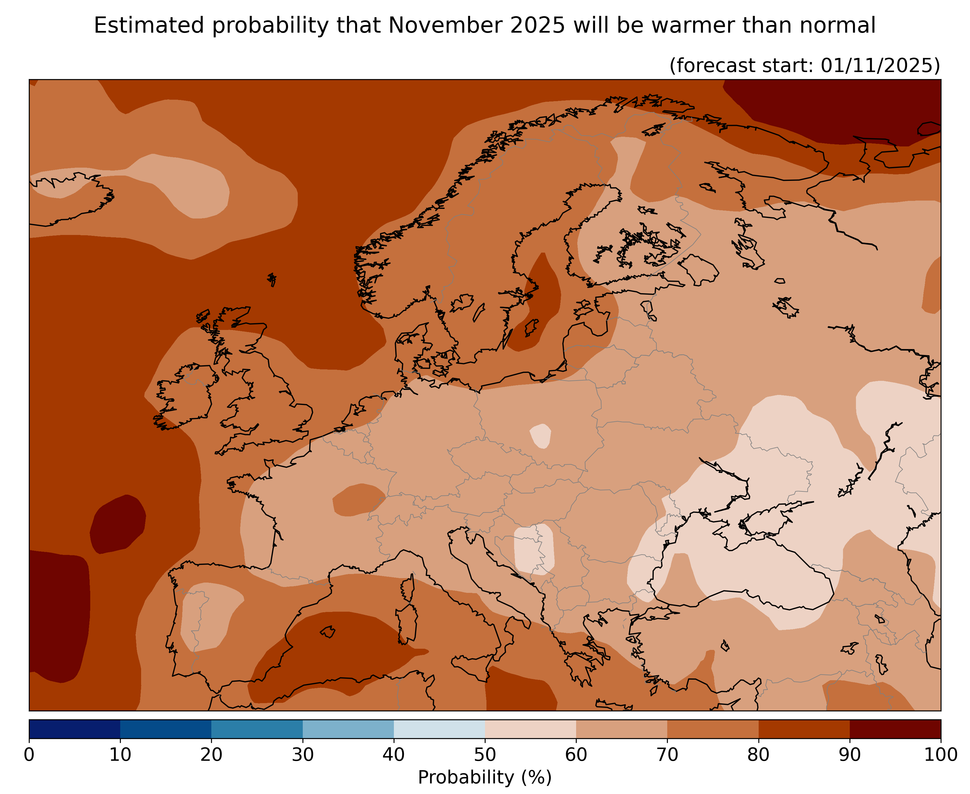 Estimated probability that the month will be warmer than normal, relative to the 1993–2016