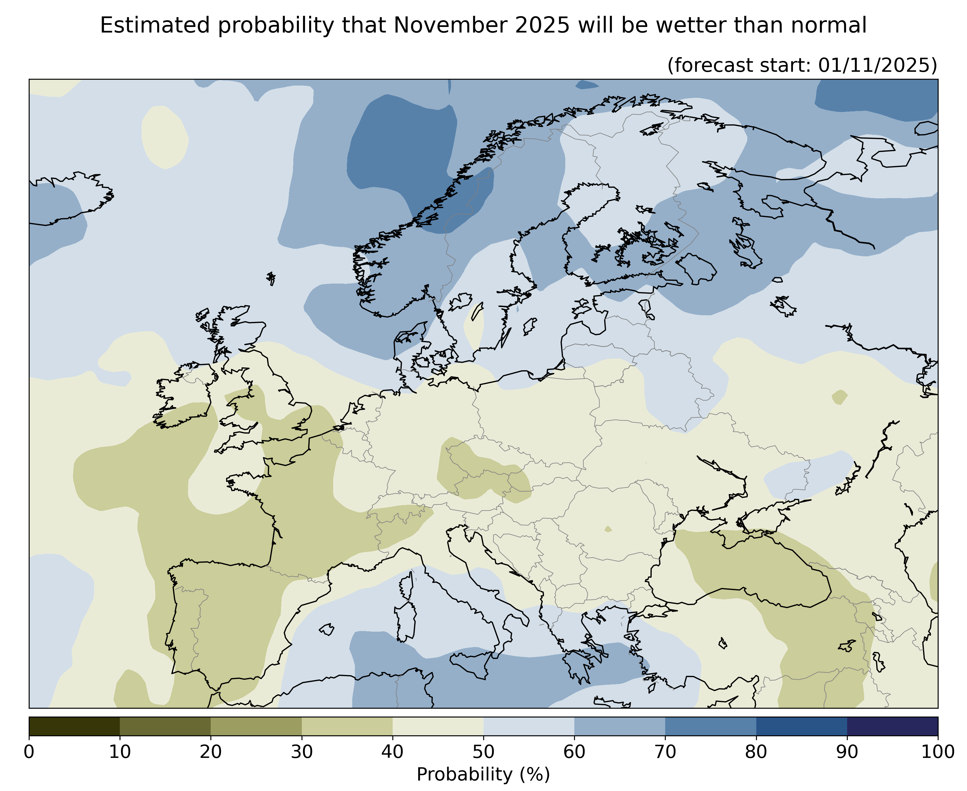 Estimated probability that the month will be wetter than normal, relative to the 1993–2016
