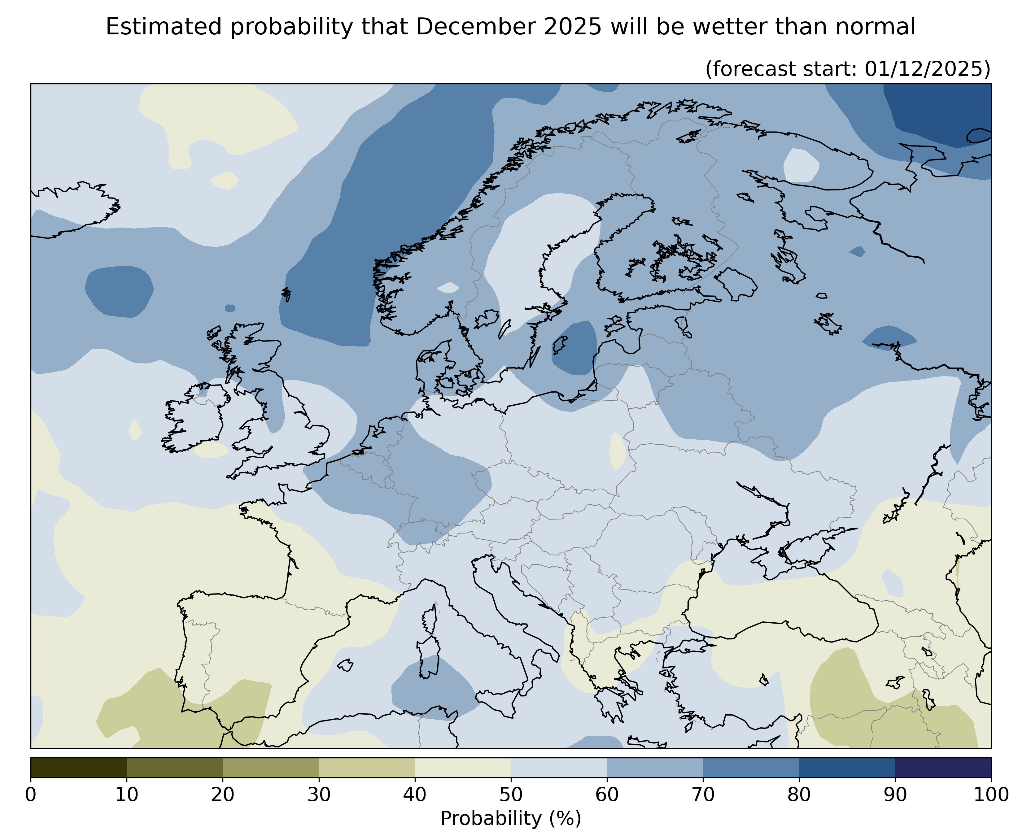 Estimated probability that the month will be wetter than normal, relative to the 1993–2016