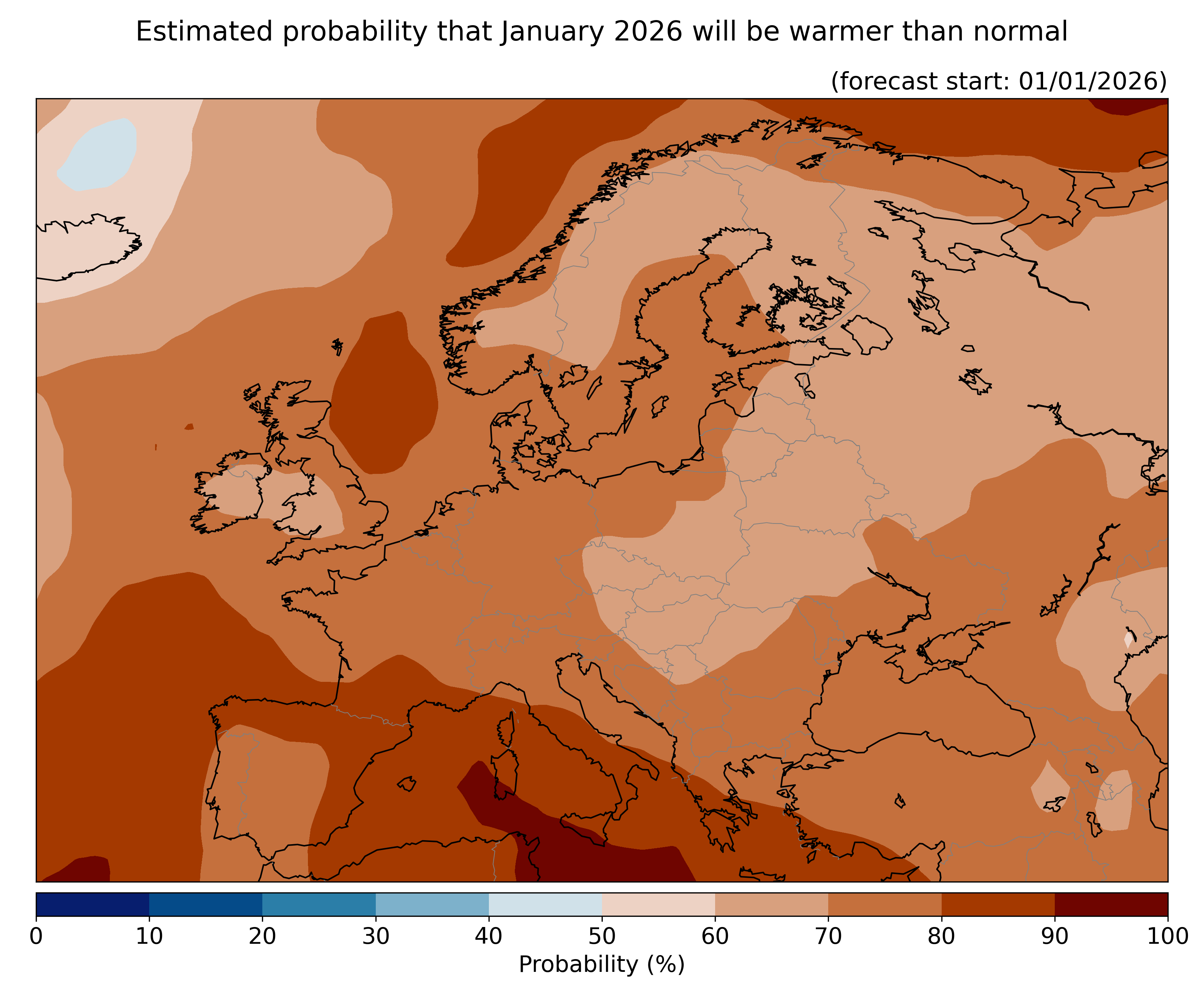 Estimated probability that the month will be warmer than normal, relative to the 1993–2016
