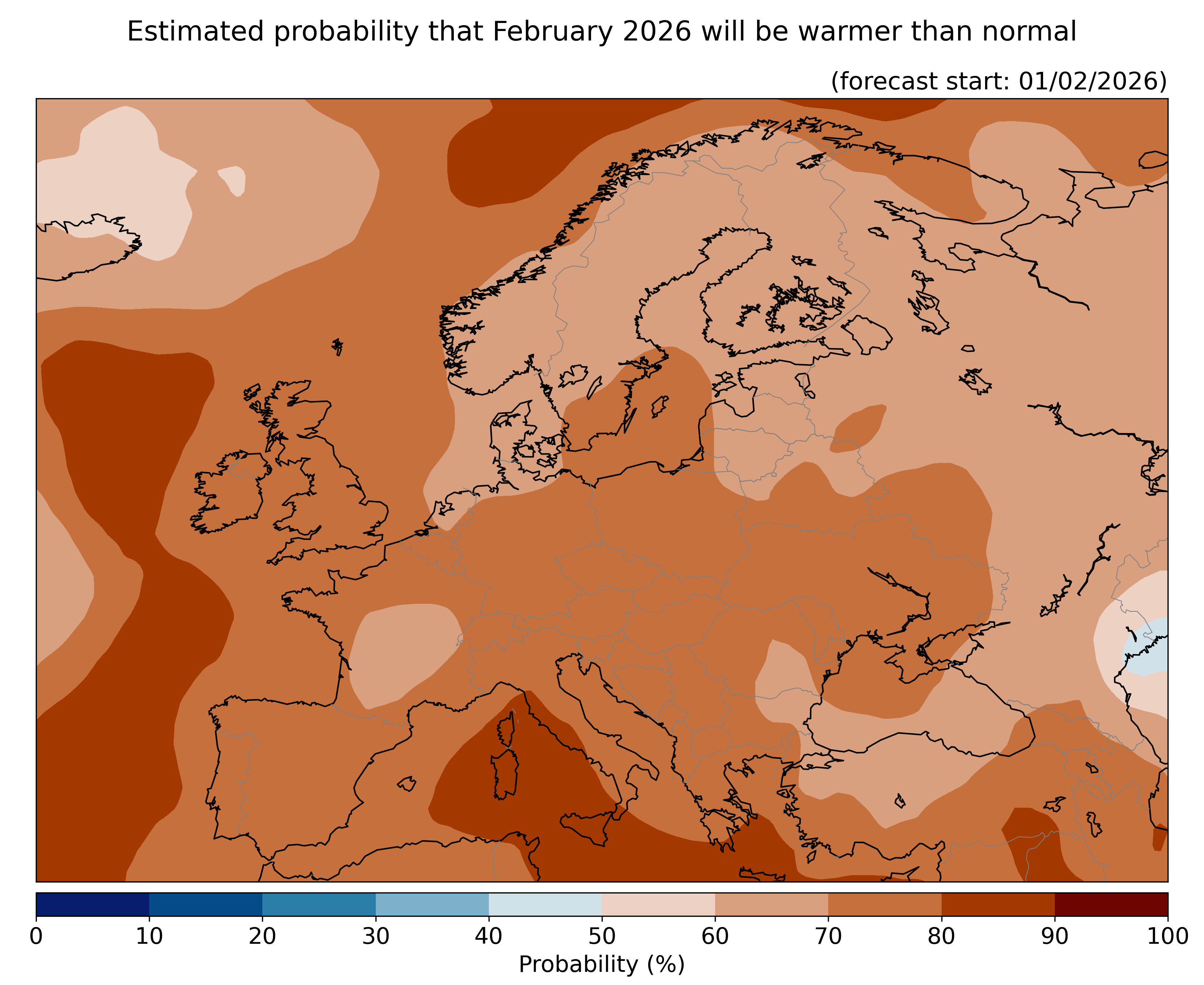 Estimated probability that the month will be warmer than normal, relative to the 1993–2016