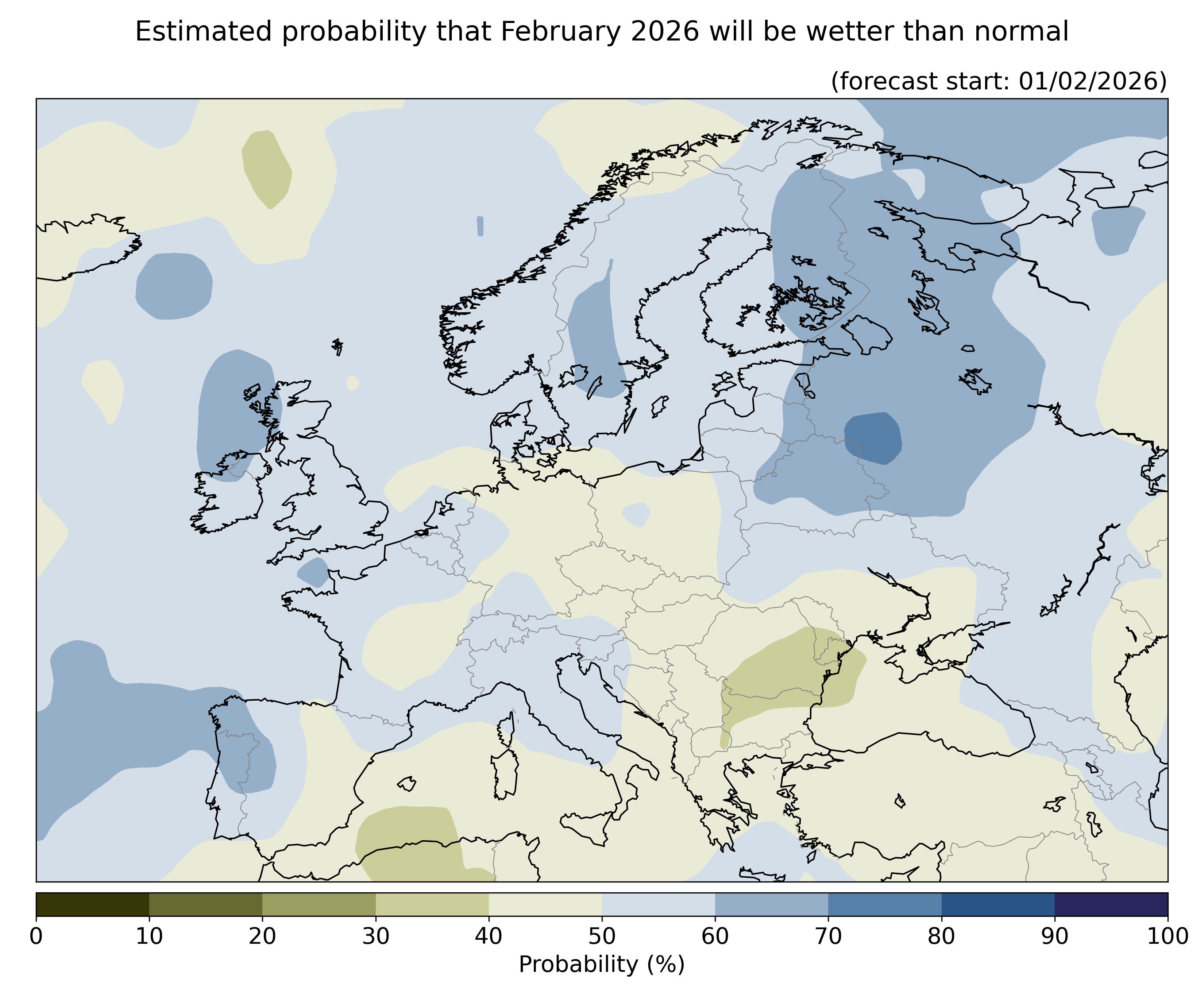 Estimated probability that the month will be wetter than normal, relative to the 1993–2016