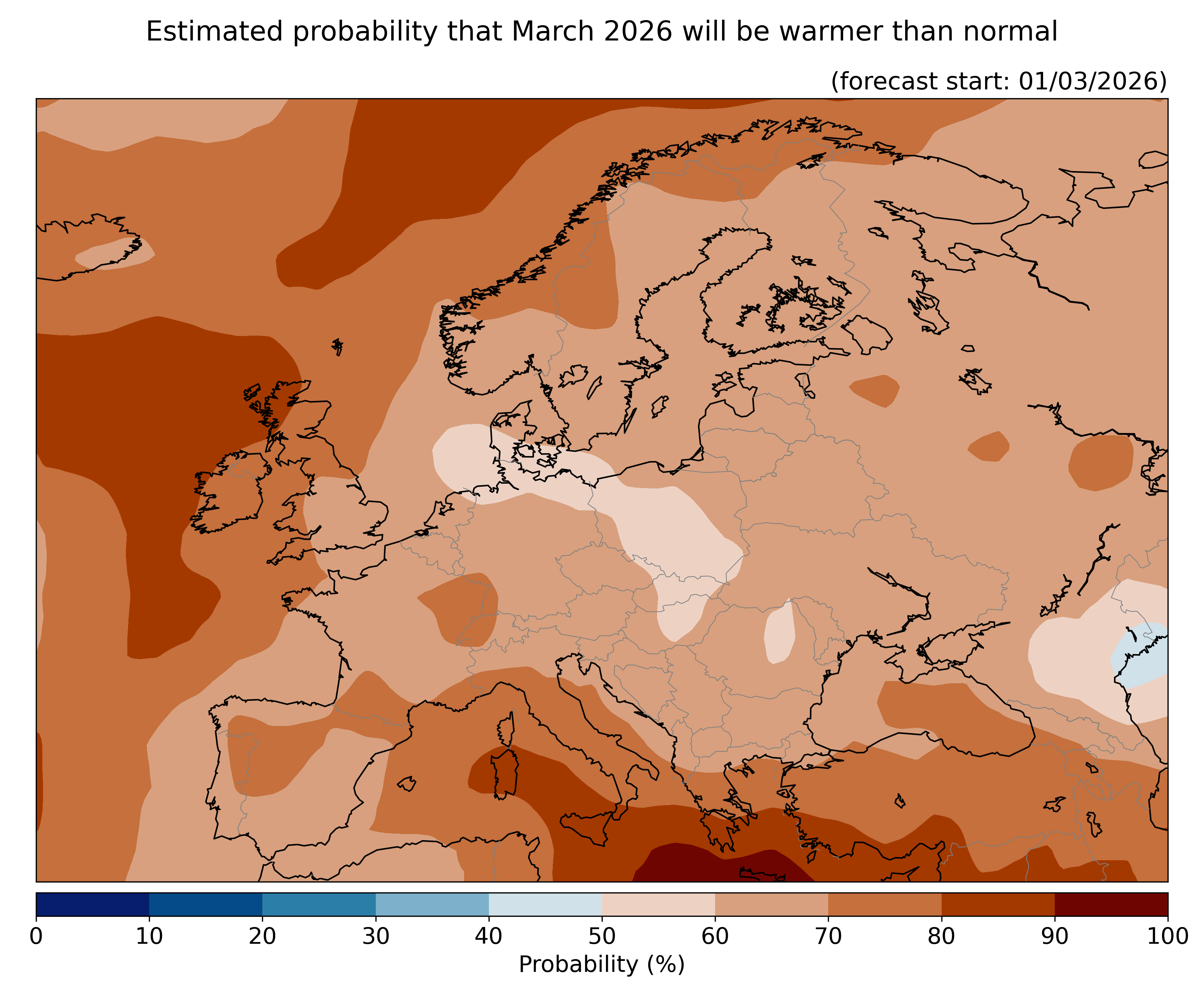 Estimated probability that the month will be warmer than normal, relative to the 1993–2016