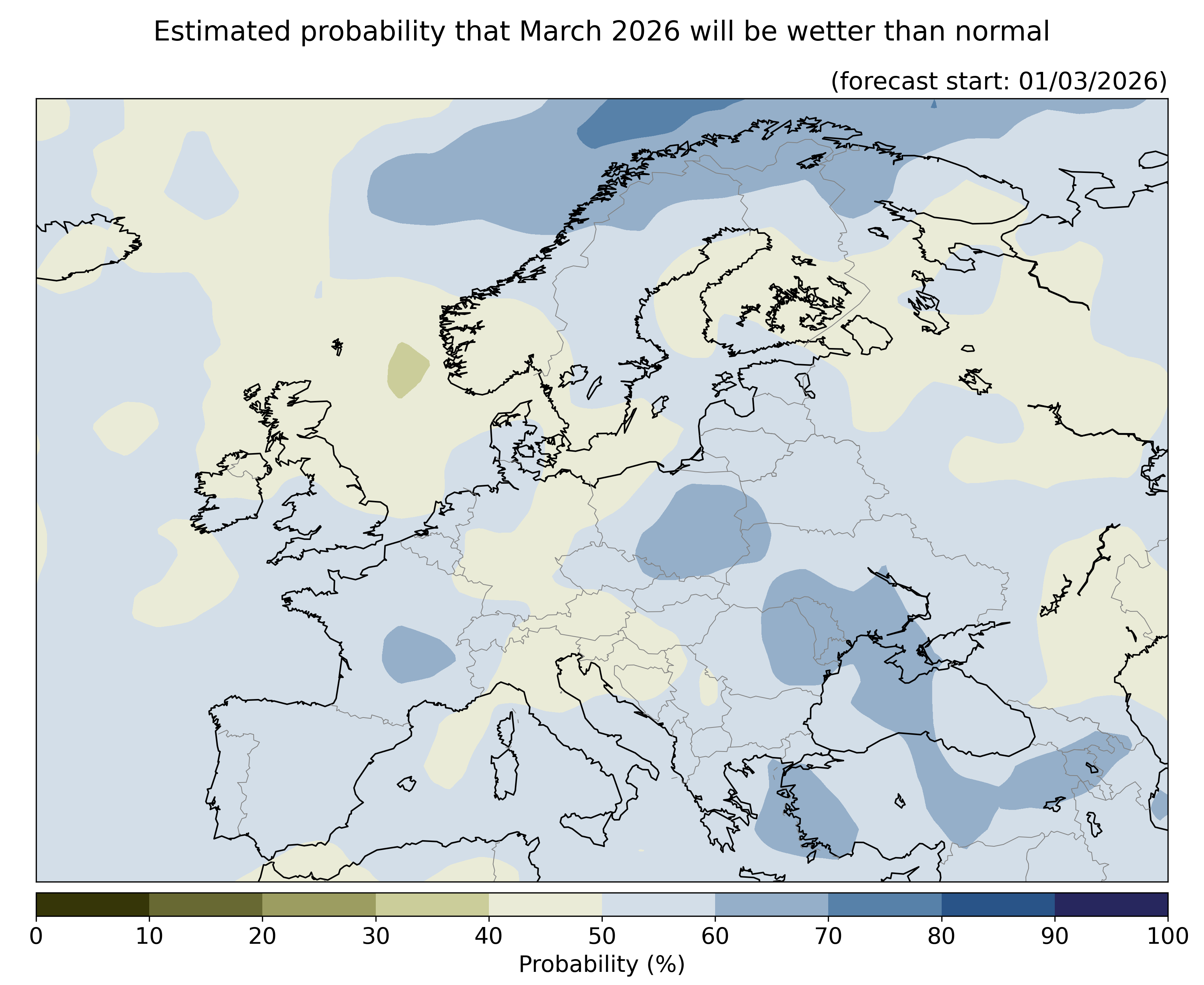 Estimated probability that the month will be wetter than normal, relative to the 1993–2016