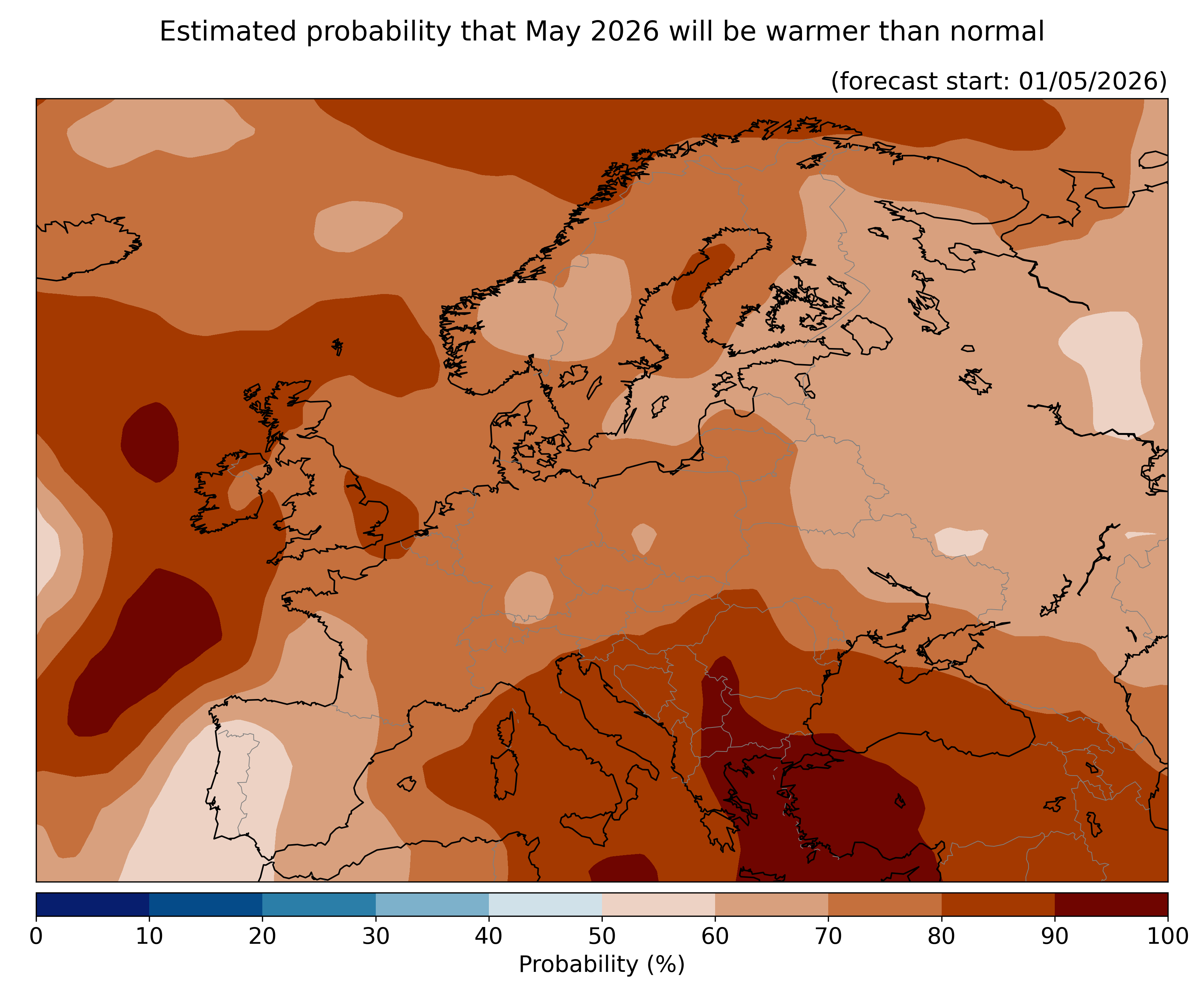 Estimated probability that the month will be warmer than normal, relative to the 1993–2016